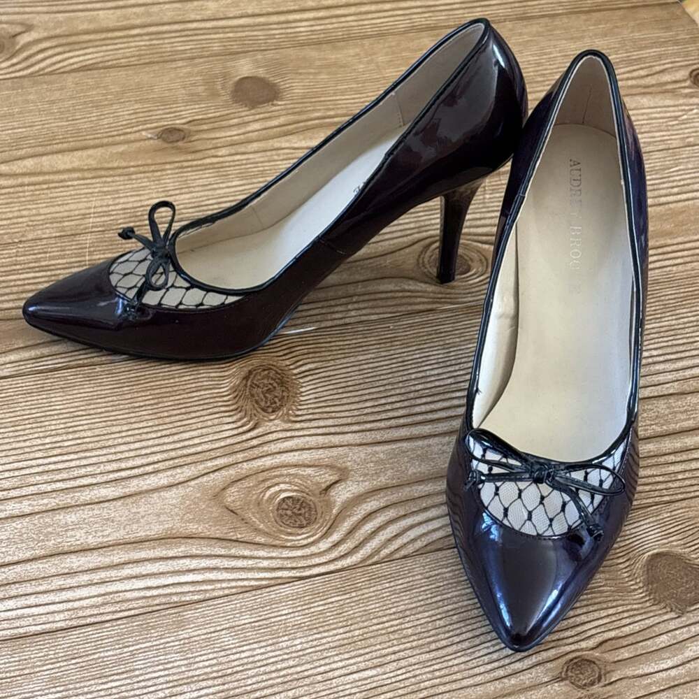 Audrey Brooke Patent Dark Wine Burgundy Heels Pumps Mesh Bow Women's Size 9